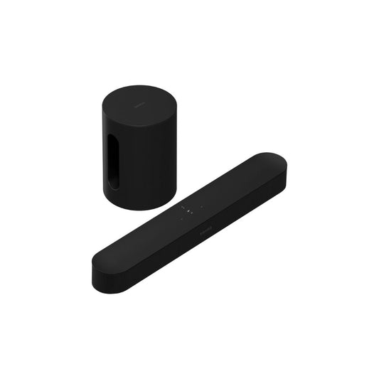 Sonos Beam Gen 2 soundbar and Sonos Sub mini in black with sleek design