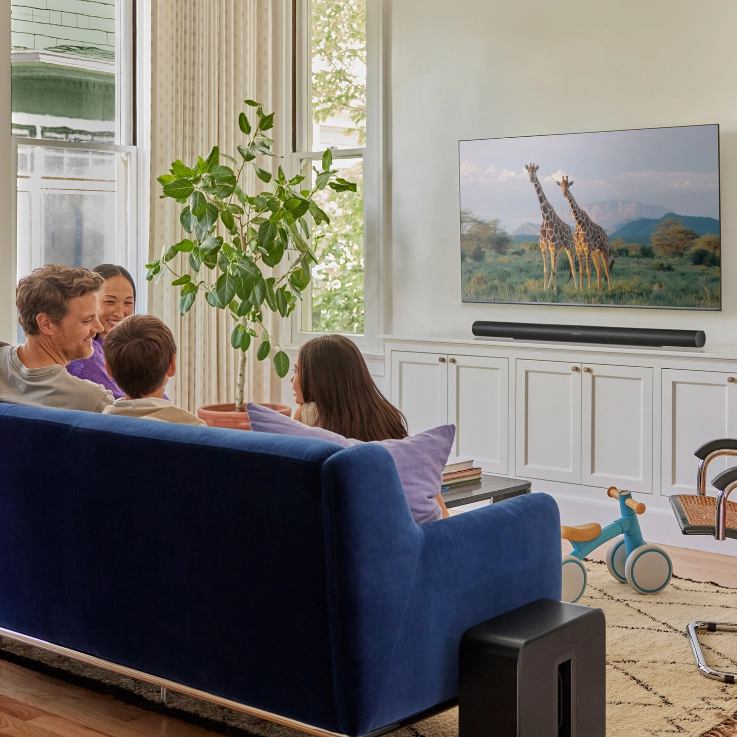 Sonos arc ultra in a home theatre setting in a family living room