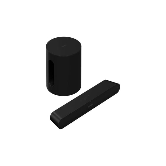 Sonos ray soundbar and Sonos Sub mini in black with sleek design