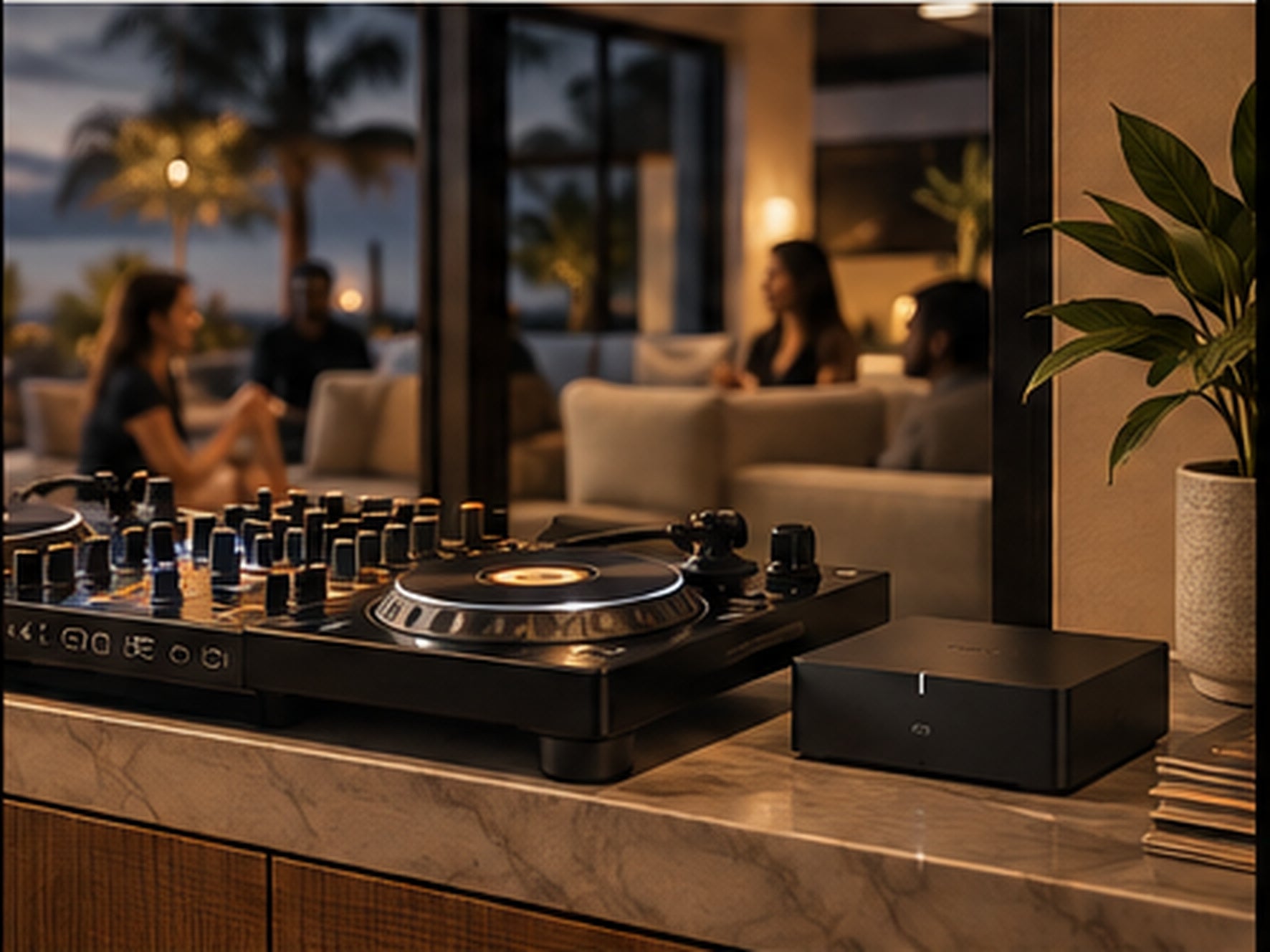 Premium residential entertaining scene with a DJ controller and Sonos Port